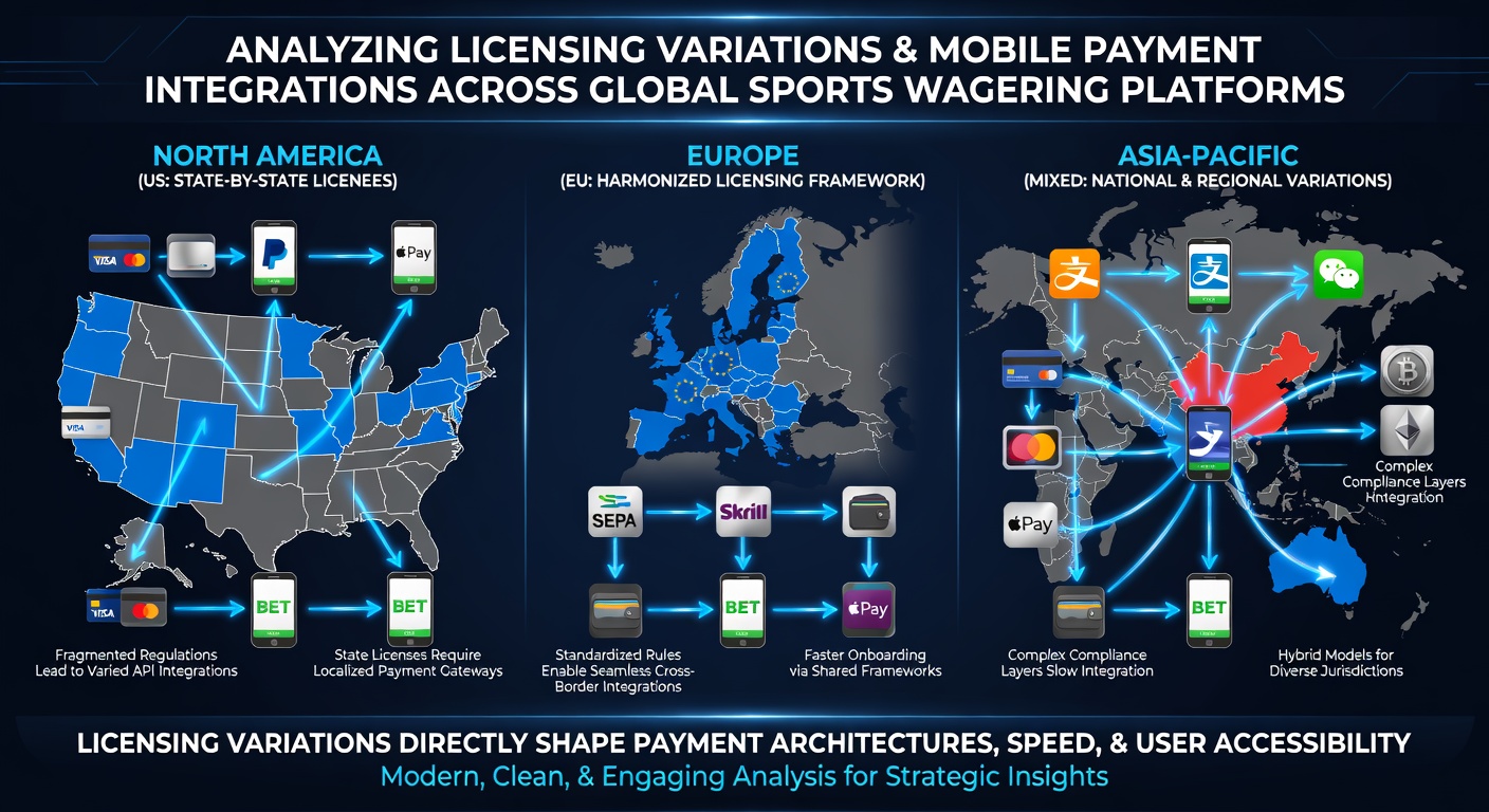 Global map highlighting sports wagering licensing zones and mobile payment flows in major markets