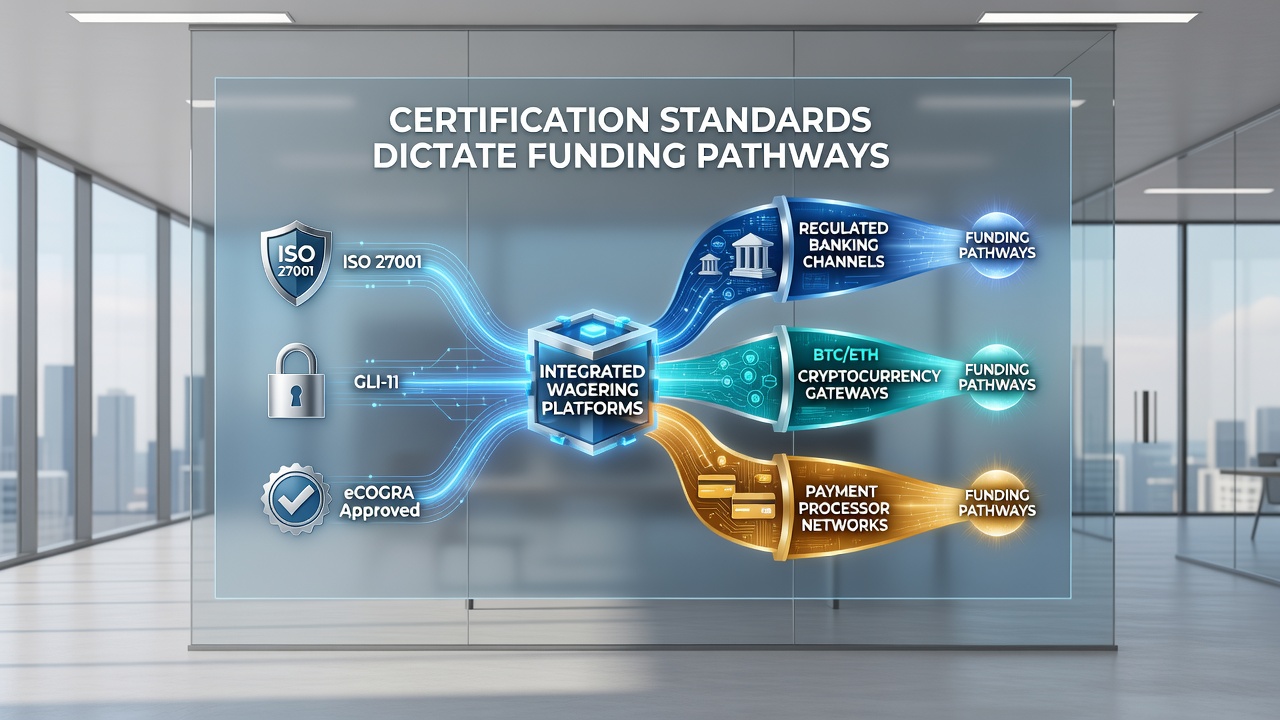 Financial analysts reviewing certification documents alongside wagering platform revenue charts