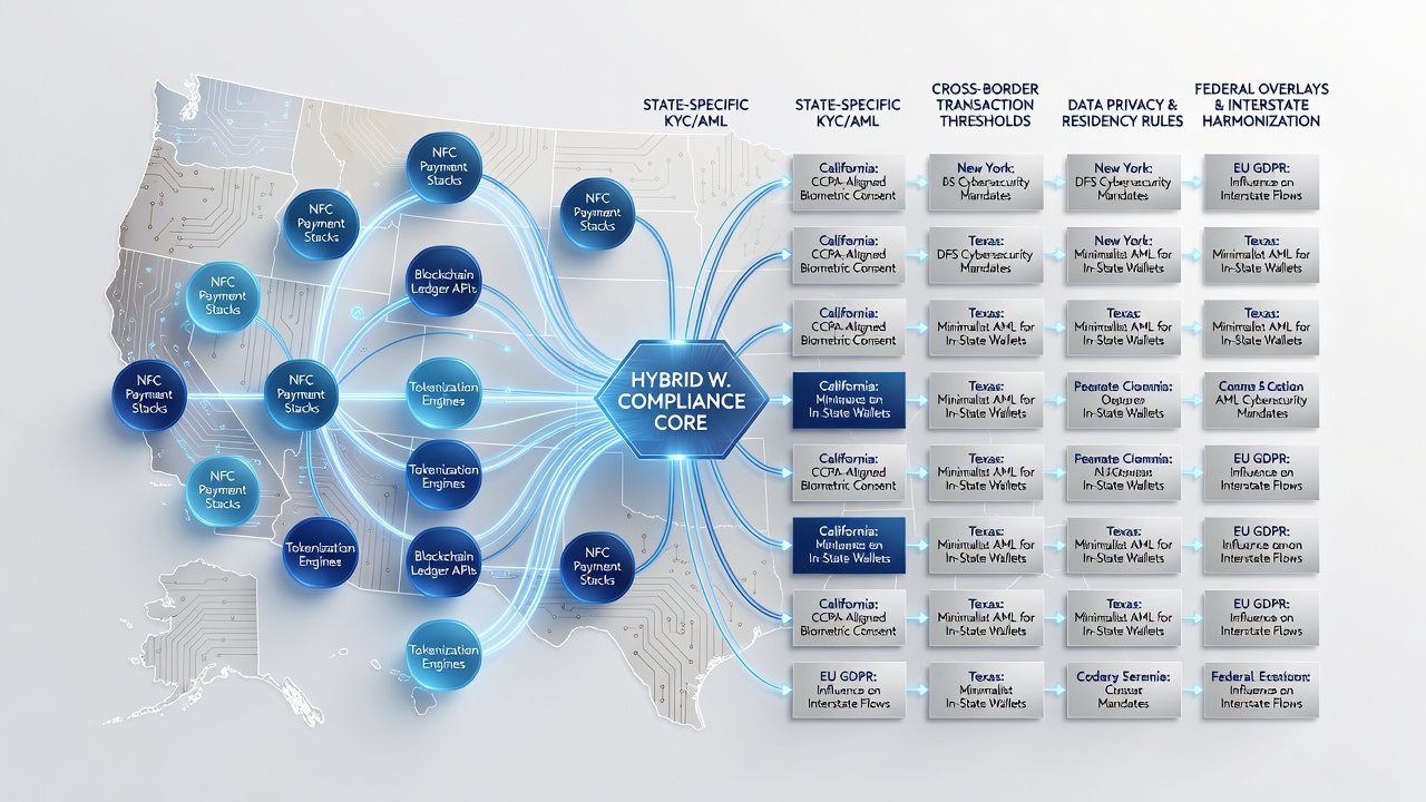 Multi-state compliance dashboard showing digital wallet transaction flows across hybrid wagering platforms