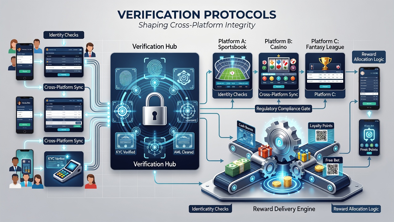 Diagram showing verification workflow between sportsbooks and casinos across different regulatory regions