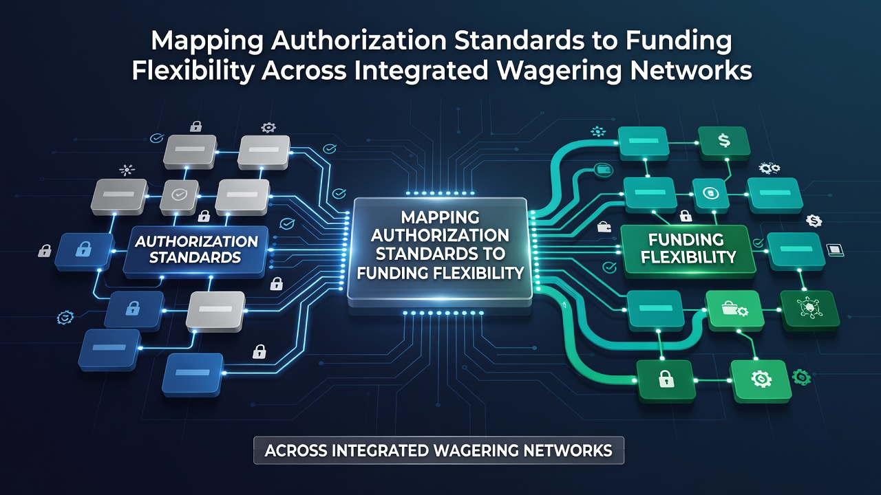 Diagram showing how authorization standards connect to various funding methods in wagering networks