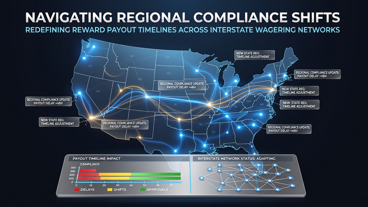 Interstate wagering network operators reviewing compliance documents and payout schedule charts in a modern office setting