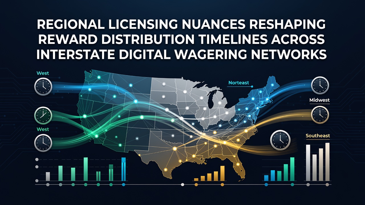 Digital wagering network interface showing multi-state licensing indicators and reward distribution timelines