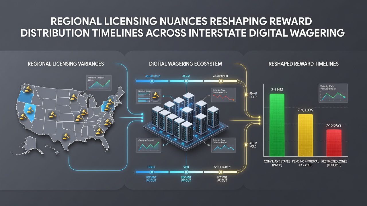 Network diagram illustrating interstate wagering connections and differing state licensing timelines for reward payouts