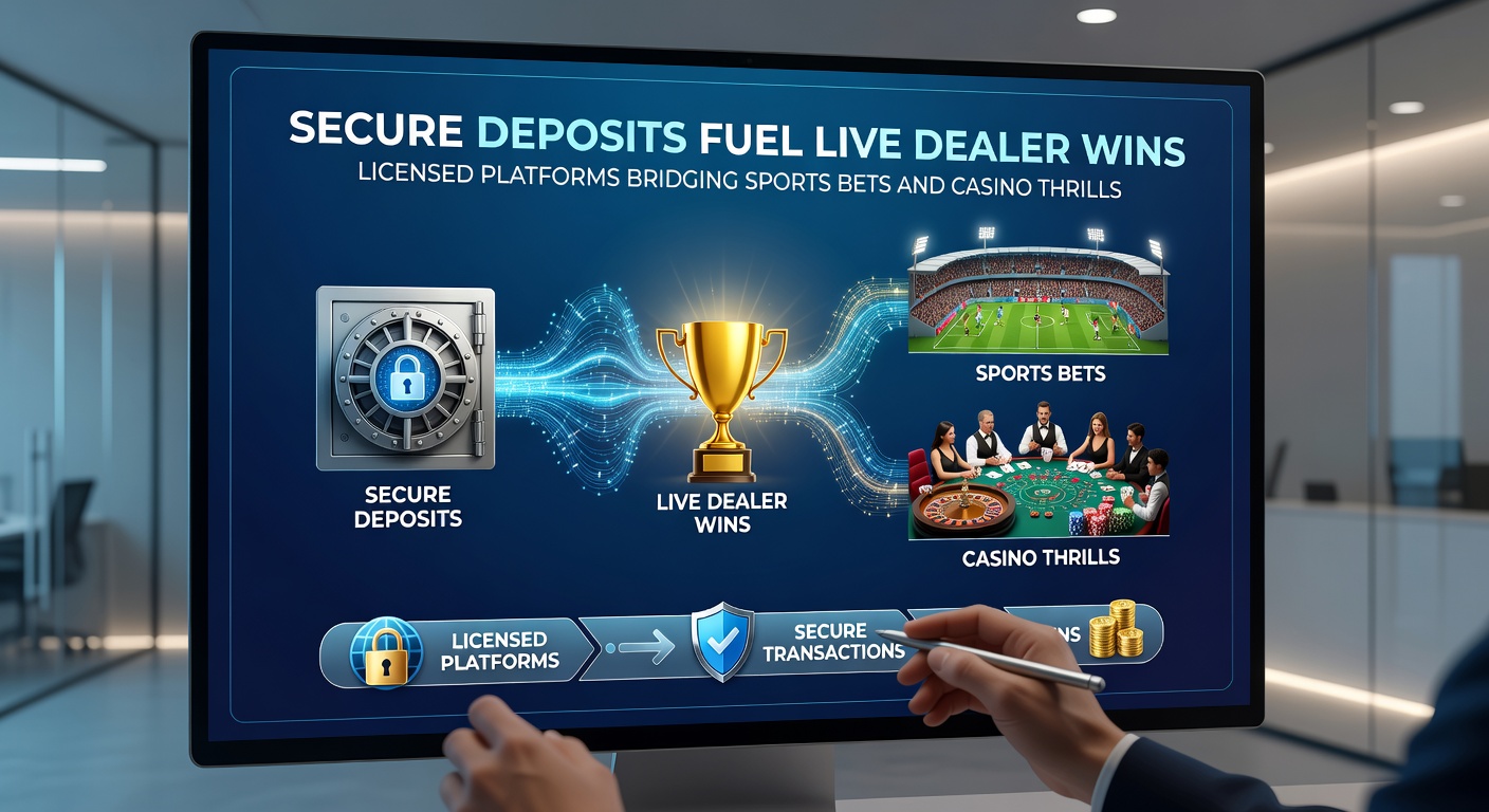 Dynamic screenshot of a licensed platform dashboard displaying live soccer odds next to a streaming live dealer poker game with secure deposit button highlighted
