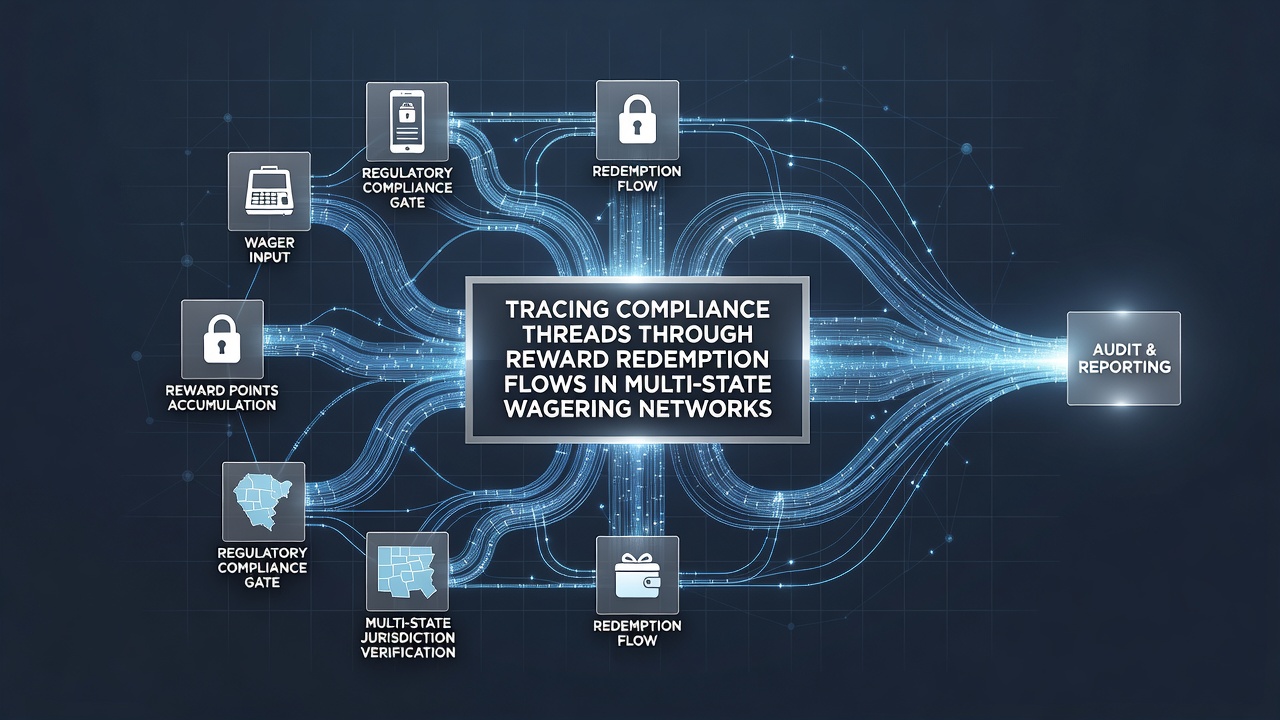 Diagram showing interconnected compliance threads across state lines in wagering reward systems