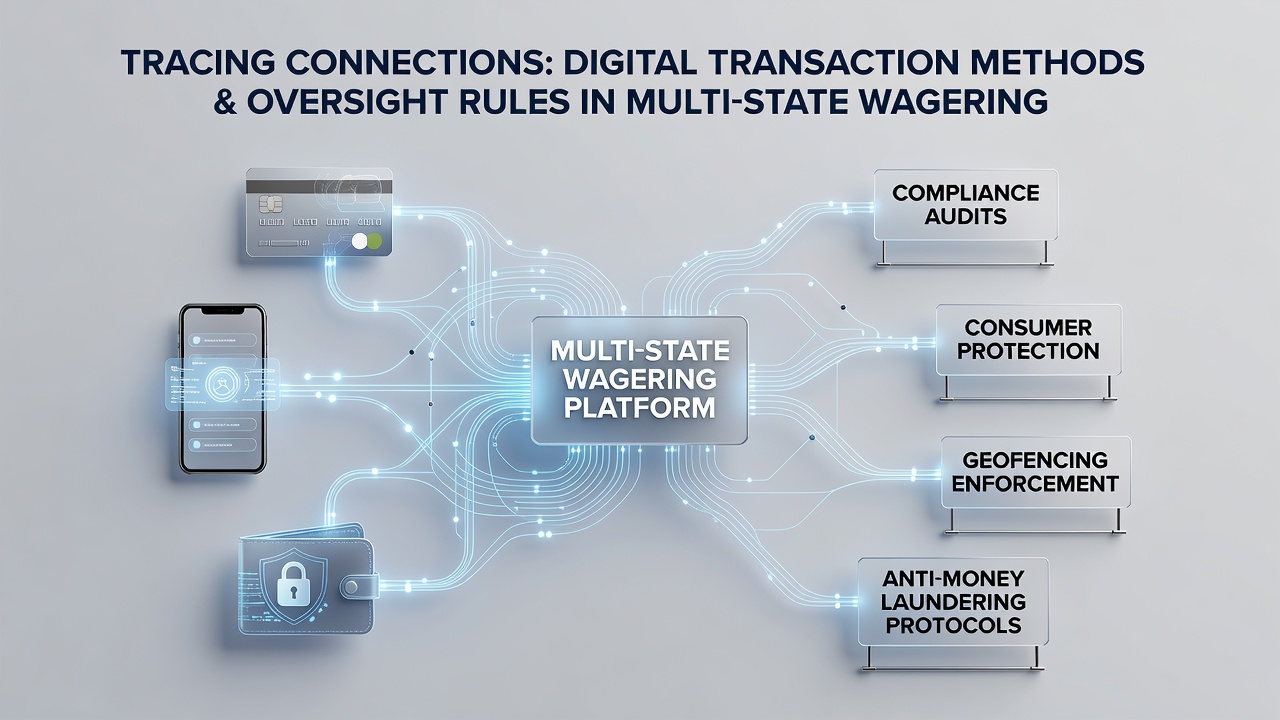 Diagram showing interconnected state regulatory nodes overseeing digital wagering transactions